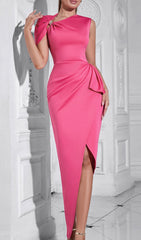 Esmeree Glamorous Hot Pink One-Shoulder Ruched Maxi Dress with Slit