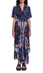 Rachelae Women's Navy Bohemian Scarf Print Midi Dress