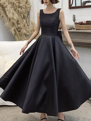 Black Satin Backless Tea Length Party Dress