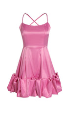 Glamorous Pink Satin Halter Mini Dress with Voluminous Ruffle Skirt
