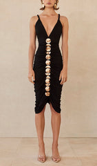 Brylie Black V-Neck Ruched Midi Dress