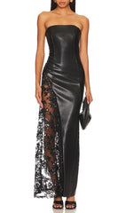 Caley Black Strapless Leather & Sheer Lace Maxi Dress