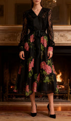 Isaye Elegant Black Floral Lace Midi Dress