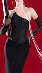 Josu Black Corset Diamond Chain One-Shoulder Bandage Maxi Gown