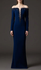 Stunning Eurybia Navy Off-Shoulder Crystal Embellished Maxi Gown