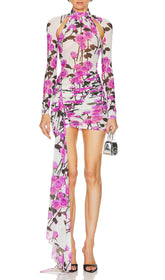 Brisa Rose Floral Ruched Mini Dress with Chic Cutouts & Dramatic Drape