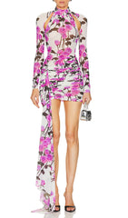 Brisa Rose Floral Ruched Mini Dress with Chic Cutouts & Dramatic Drape