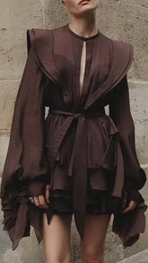 Chic Fleur Brown Ruffle Mini Dress