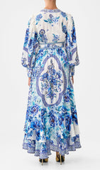 Jalie Elegant Blue Floral Porcelain Print Long Sleeve Maxi Dress