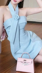 Jayliah Chic Halter Mini Dress with Bow & Floral Accent