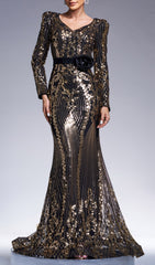 Chapa Glamorous Gold Sequin Long Sleeve Maxi Evening Gown