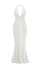 Dorika Exquisite White 3D Floral Halter Gown