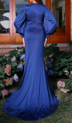 Costa Blue Pleated Deep V-Neck Maxi Dress