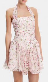 Herv Vibrant Pink Floral Halter Mini Dress