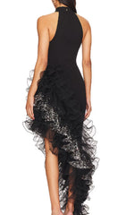 Donny Black Halter Asymmetric Sequin Ruffle Maxi Dress
