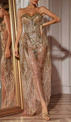 Calum Glamorous Gold Strapless Sequin & Rhinestone Evening Maxi Dress