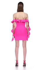 Glamorous Hot Pink Ruffled Off-Shoulder Bodycon Mini Bandage Dress