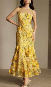 Hiraku Enchanted Yellow 3D Floral Embroidery Maxi Dress
