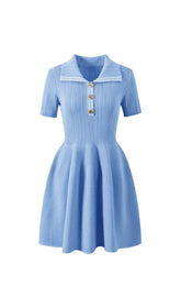 Etta Chic Sky Blue Ribbed Knit Polo Mini Dress for Women