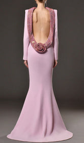 Daire Glamorous Sequin Rose Open-Back Long Sleeve Mermaid Gown