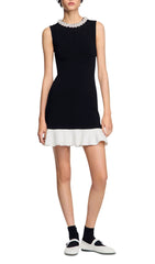 Chic Pearl-Embellished Knit Mini Dress with Contrast Ruffle Hem