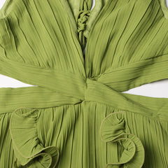 Vibrant Green Deep V-Neck Pleated Maxi Dress with Leafy Ruffle Slit