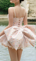 Jaylene Whimsical Floral Corset Mini Dress with Bow Back Detail