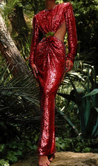 Glamorous Red Sequin Cutout Maxi Dress with Floral Detail