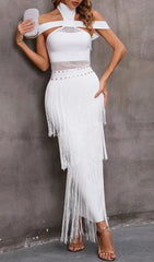 Glamorous White Halterneck Bandage Fringe Midi Dress