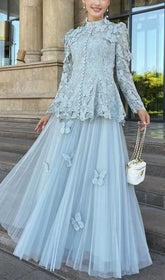 Ceyla Enchanting Sky Blue Butterfly Lace & Tulle Maxi Set