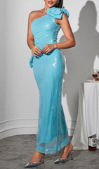 Sparkling Aqua One Shoulder Sequin Maxi Dress with Chic Bow Detail