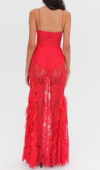 Carola Alluring Red Floral Lace Maxi Dress