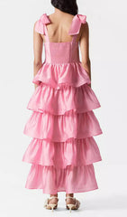Edina Pink Sweetheart Tiered Ruffle Maxi Dress with Bow Straps