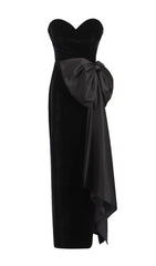 Desdra Black Velvet Strapless Maxi Dress with Statement Bow