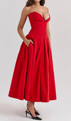 Devani Red Strapless Corset Midi Dress