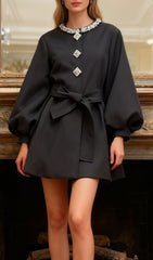 Jairus Glamorous White Mini Dress with Crystal Neckline & Puff Sleeves