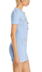 Chic Sky Blue Textured Mini Dress with Jewel Embellished Buttons