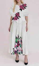 Fran White Floral Appliqu & Pleated Maxi Dress