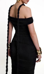 Elegant Black Bardot Ruched Maxi Dress with Braid Detail