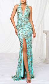 Fiadh Teal Sequin Halter Maxi Dress with Daring Slit