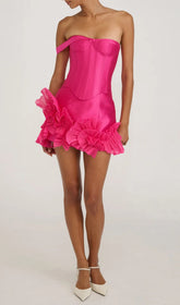 Duena Hot Pink Corset Ruffle Mini Dress