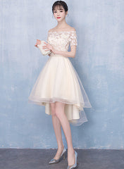 Champagne High Low Off Shoulder Tulle with Lace Prom Dress