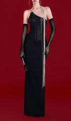 Josu Black Corset Diamond Chain One-Shoulder Bandage Maxi Gown