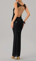 Jouncegrid Black Rhinestone Backless Maxi Dress