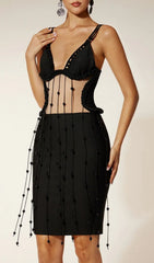 Einav Seductive Beaded Fringe Sheer Panel Bandage Mini Dress