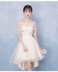 Champagne High Low Off Shoulder Tulle with Lace Prom Dress