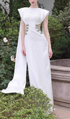 Chenoa White Sparkling Cutout Maxi Dress with Elegant Cape Sleeves