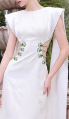 Chenoa White Sparkling Cutout Maxi Dress with Elegant Cape Sleeves
