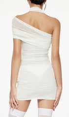 Elese White 3D Floral Ruched Mesh Halter Mini Dress