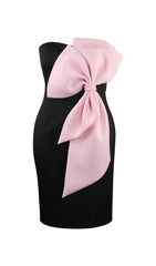 Bachue Black Strapless Midi Dress with Statement Pink Bow
